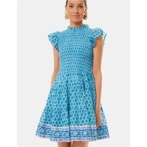 Oliphant Smocked Flirty Mini Dress Women Medium Fern Blue Floral Block Print